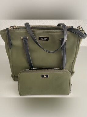 Kate Spade Olive Green Tote with Matching Wallet (some small stains)